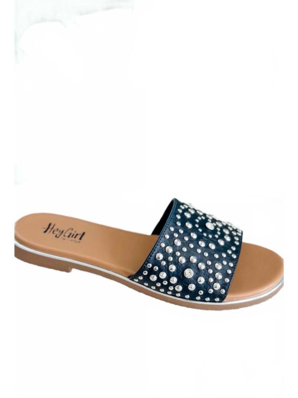 Corkys Black Studded Slide Sandals with Tan Footbed